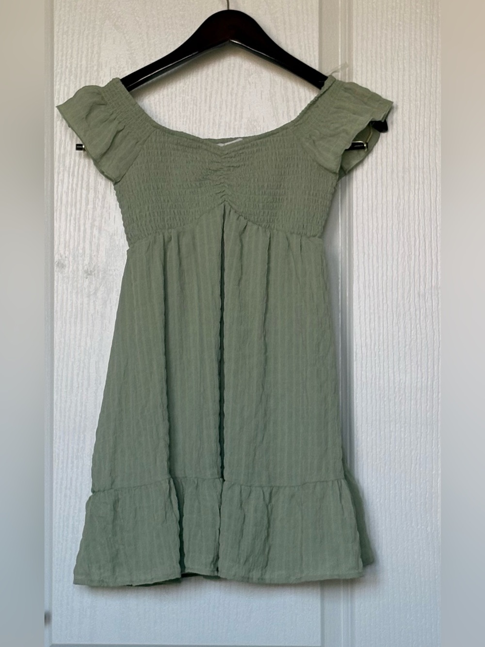 Sincerely Jules Sage Green Smocked Off-Shoulder Tunic
